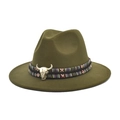 Dark green wide brim fedora hat with ethnic band and vintage golden bull skull ornament - M (56-58cm) / Army Green