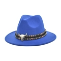 Detail of royal blue fedora hat with ethnic woven band and silver bull skull ornament - M (56-58cm) / Sapphire Blue