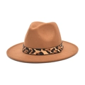 Brown wool fedora hat with leopard print leather band and gold stud accent - M (56-58cm) / Khaki