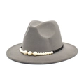 Detail of grey wool fedora hat with black band decorated with white pearls and gold rhinestones - M (56-58cm) / Light Gray
