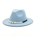 Detail view of light blue wool fedora hat featuring black grosgrain ribbon with white pearls - M (56-58cm) / Sky Blue