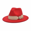 Detail of red wool fedora hat featuring a khaki leather strap and silver metal buckle - M (56-58cm) / Red