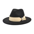 Women's black wool fedora hat with a wide brim and decorative cream leather strap - M (56-58cm) / Black