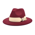 Close-up of a wide-brim burgundy wool fedora with a beige leather strap and buckle - M (56-58cm) / Burgundy