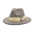 Detail of grey wool fedora hat with beige leather band and silver buckle accents - M (56-58cm) / Light Gray