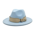 Detail of light blue wide brim fedora hat with beige leather strap and silver metal buckle - M (56-58cm) / Sky Blue