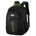 Black Oxford business backpack with neon green details and SPORT label in 45-degree view - Green