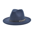 Detail of dark blue fedora hat with gold chain accent and leather belt band decoration - M (56-58cm) / Navy Blue