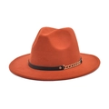 Detailed side view of orange-red wool fedora hat with black leather band and gold chain - M (56-58cm) / Caramel color
