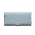 Women's long PU leather wallet in light blue with leaf-vein quilting and gold floral buckle - Sky Blue