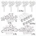 Silver bridal hair clip set with white pearls and rhinestone flower pins, 18 pieces - 18Pcs Set J