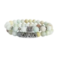 Double-layer beaded bracelet with matte natural stones and silver owl charm pendant - Amazonite