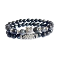 Bohemian owl charm bracelet set with matte black agate and grey lava stone beads - Black Spectrolite