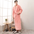 Thick pink flannel bathrobe for men with textured diamond pattern and long waist belt - Orange Pink Men
