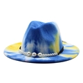 Tie-dye wool fedora hat in blue and yellow with elegant white pearl decorative band - M (56-58cm) / Yellow Blue #4