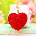 Detail of red rhinestone heart keychain with gold link chain and lobster clasp - Red Rhinestone Heart