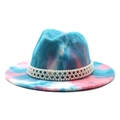 Tie-dye blue wool felt fedora hat with four rows of pearl band on white background - Lake Blue Tie-dye