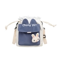 Cute blue and white drawstring canvas bag featuring rabbit ears and 3D plush bunny - Solid Color / Blue