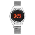Montre numérique LED pour femme avec lunette en strass et bracelet en maille argentée - Argenté