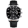 Men's business quartz watch featuring black leather strap and silver diamond-set dial - Black Strap Silver Case Black Face Silver Hands