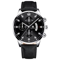 Detailed view of SHAARMS business watch featuring a calendar window and diamond markers - Black Strap Silver Case Black Face Silver Hands