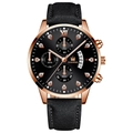 Detailed macro view of the rose gold bezel and fan-shaped calendar window on leather watch - Black Strap Rose Gold Case Black Face Rose Gold Hands