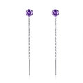 S925 sterling silver tassel earrings featuring purple round cut cubic zirconia stones - 4-Claw Purple Zirconia