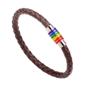 Braided dark brown leather bracelet with a vibrant rainbow magnetic metal clasp - Brown Leather Silver/Rainbow Buckle