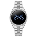 Orologio digitale in acciaio argento con strass e display a LED blu di moda - Argento