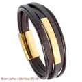 Men's brown braided leather bracelet with polished gold magnetic clasp, length 22.5cm - Brown / Gold / 22.5CM