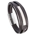 Men's brown braided leather bracelet with 22.5cm polished steel clasp in triple wrap - Brown/Steel Color / 22.5CM