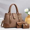 Three-piece brown leather tote bag set including handbag, long wallet and card holder - Brown