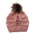 Pink knit beanie with faux fur pom pom and back crisscross cutout for ponytails - One Size / Pink