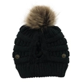 Detail of black knit beanie with brown faux fur pom pom and rose pattern buttons - One Size / Black