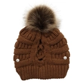 Close-up of brown knit beanie with faux fur pompom and rose engraved silver buttons - One Size / Caramel color