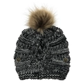 Close-up of grey knit hat showing texture, brown faux fur pom and gold rose buttons - One Size / Black Floral