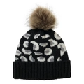 Detailed view of leopard print knit beanie with a fluffy brown pompom and black ribbed cuff - Adjustable / Black