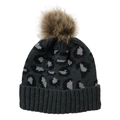 Detailed close-up of leopard print knit beanie featuring a fluffy faux fur pom-pom topper - Adjustable / Dark Gray