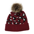 Detailed view of burgundy knit hat with leopard pattern and fluffy brown faux fur pompom - Adjustable / Burgundy