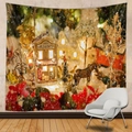 Detailansicht der großen Weihnachts-Wandtattoo mit verschneiter Hütte und roten Blumenmotiven - 90x60cm / Warme Schneehütte
