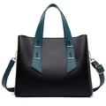 Bolso tote de cuero negro con asas azul pavo real y herrajes metálicos dorados - Negro