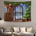 Cozy living room detail featuring a Christmas wall tapestry above a gray sofa set - Style 6 (Vintage Porch & Window)