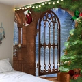 Christmas wall tapestry with vintage archway and snow forest view for room decor - 150x130cm / Style 3 (Stone Arch & Teddy Bear)