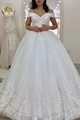 Elegant off-shoulder white ball gown wedding dress with lace patterns and sequins - US 2 / White