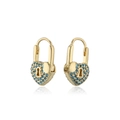 Detailed close-up of gold heart lock earrings with turquoise zircon pavé and reflection - Gold With Turquoise Zirconia