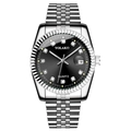 Classic silver steel quartz watch with black sunray dial and fluted bezel design - Silver Black Dial - Large
