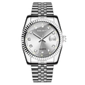 Classic silver-gray quartz watch with sunray dial, calendar window and five-link steel band - Silver White Dial - Large