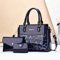 Three-piece set navy blue patent leather tote bag with leopard print and gold hardware - Blue