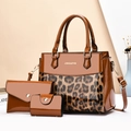 Three-piece leopard print handbag set including shoulder bag and pouch in glossy brown finish - Khaki/Earth Yellow