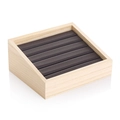 Solid wood ring display tray with dark brown multi-slot liner and light natural finish - Brown Leather Ring Strips